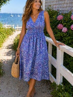 Smocked V-Neck Midi Dress in Lavender Floral